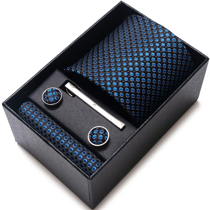 Woven tie  pocket cufflink check stripe polyester silk classical men customize necktie set box