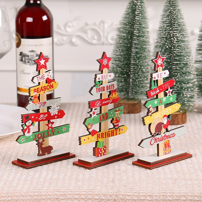 Christmas Stake 3d Thickness, Wooden Sign New Year Atmosphere Christmas Tree Shape Colourful Painting Desktop Ornament/