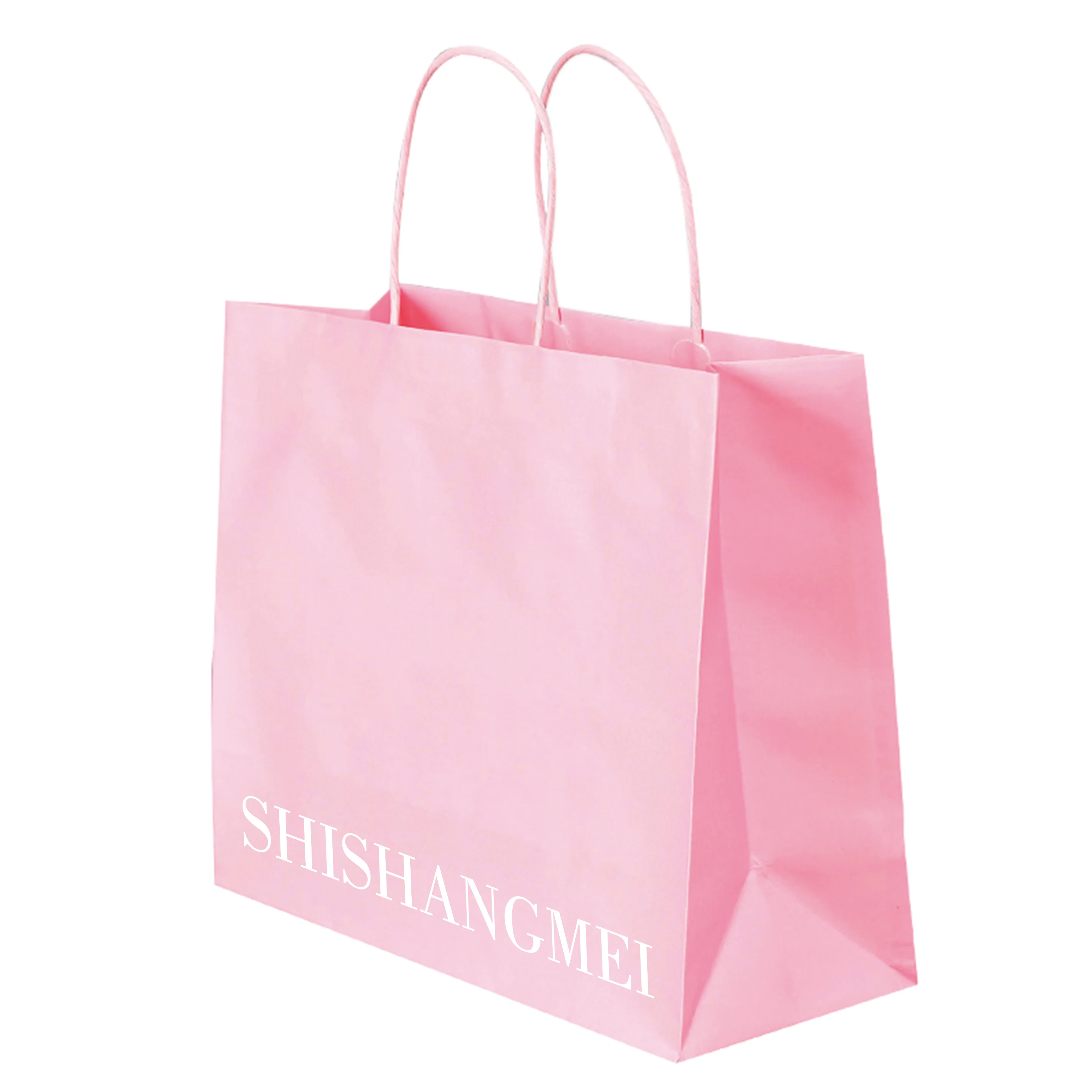 Craft party packaging bag custom cartoon christmas kraft shopping gift pink paper bag with handles