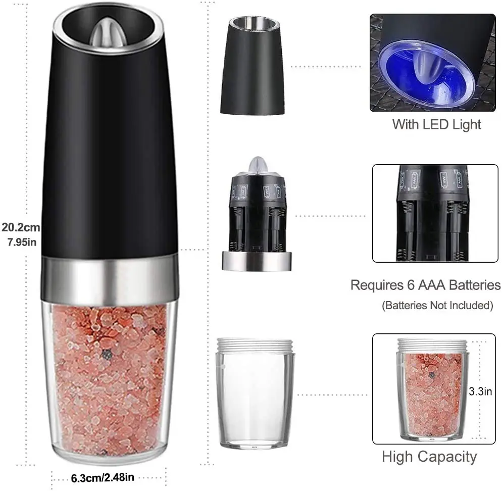 Gravity Battery Operated manual electric Pepper Mill automatic salt and pepper grinder set with lights