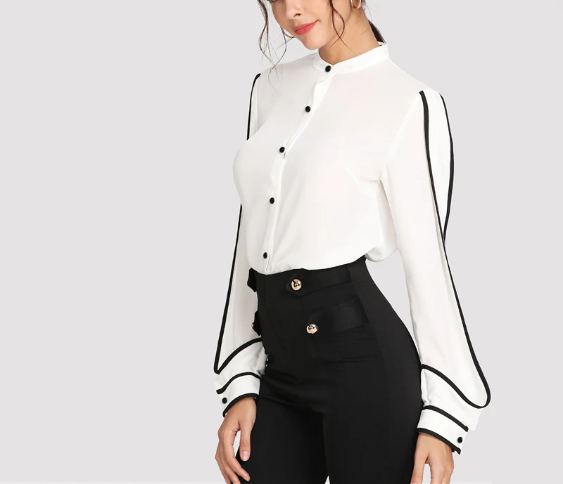 White Elegant Women Blouse Stand Collar Long Sleeve Shirts  Autumn Workwear Shirt Top