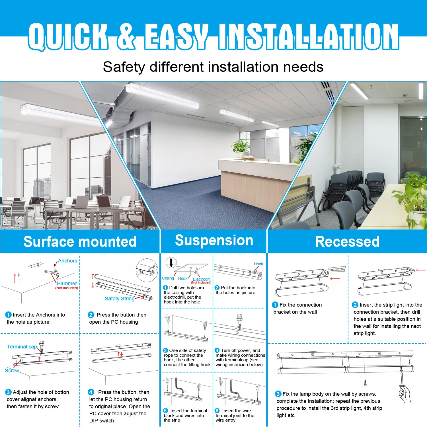 Batten Lights 4ft 8ft 30w/35w/40w 60w/70w/80w And Cct 3500k/4000k/5000k/6500k Led Strip Linear Light Wholesale