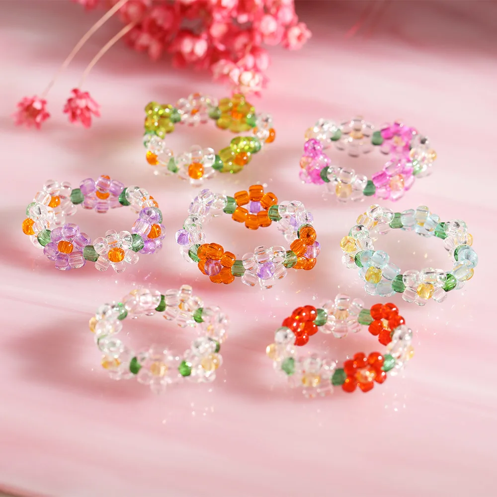 Fashion Resin Seeds Beads Flower Elastic Rings Women Sweet Colorful Adjustable Finger Ring Funny Summer Jewelry For Gifts