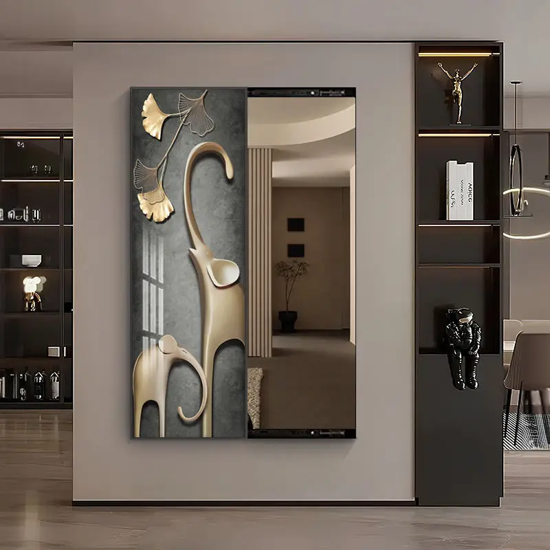 Glide and Illuminate Mirror Art Crystal Porcelain Wall Display High end push-pull mirror with nine fish and elk for beauty