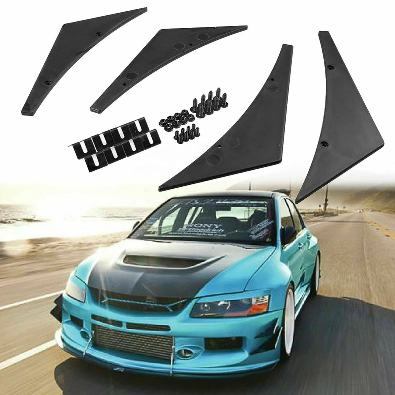 4Pcs Black Front Bumper Lip Diffuser Canards Splitter Universal Fit Car Truck