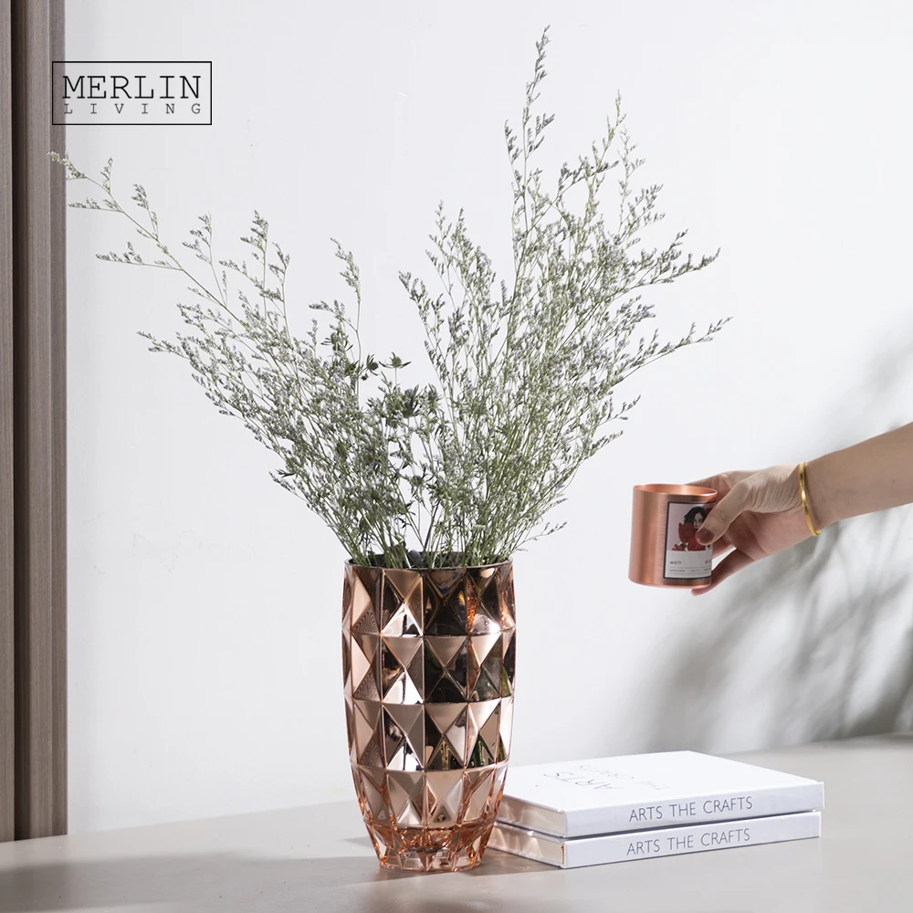 Зеркальная ваза из розового золота Merlin, роскошная стеклянная ваза с ромбовидным узором для цветов, ваза для домашнего декора