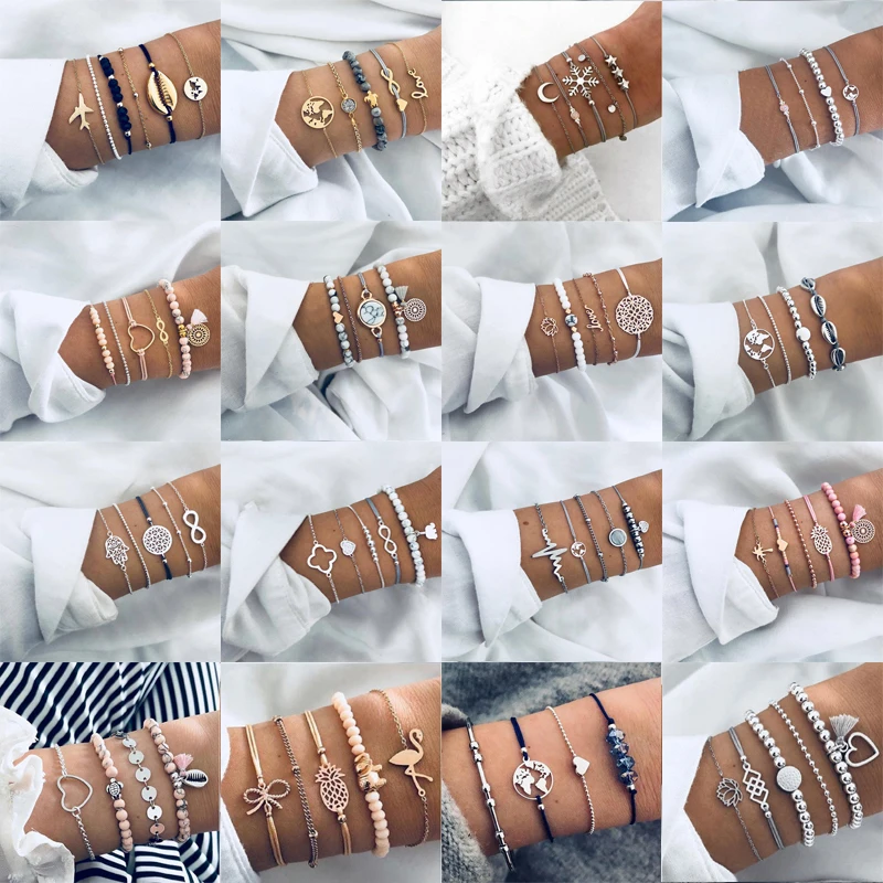LongWay Bohemian Charm Bracelets Women Shell Star Lotus Pineapple Heart Natural Stone Bead Charm DIY Bracelet for Women