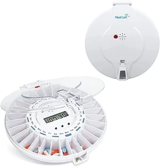 Premium Locking Automatic Pill Dispenser 28 Slot Electronic Medication Organizer (Clear and Solid White Lids)