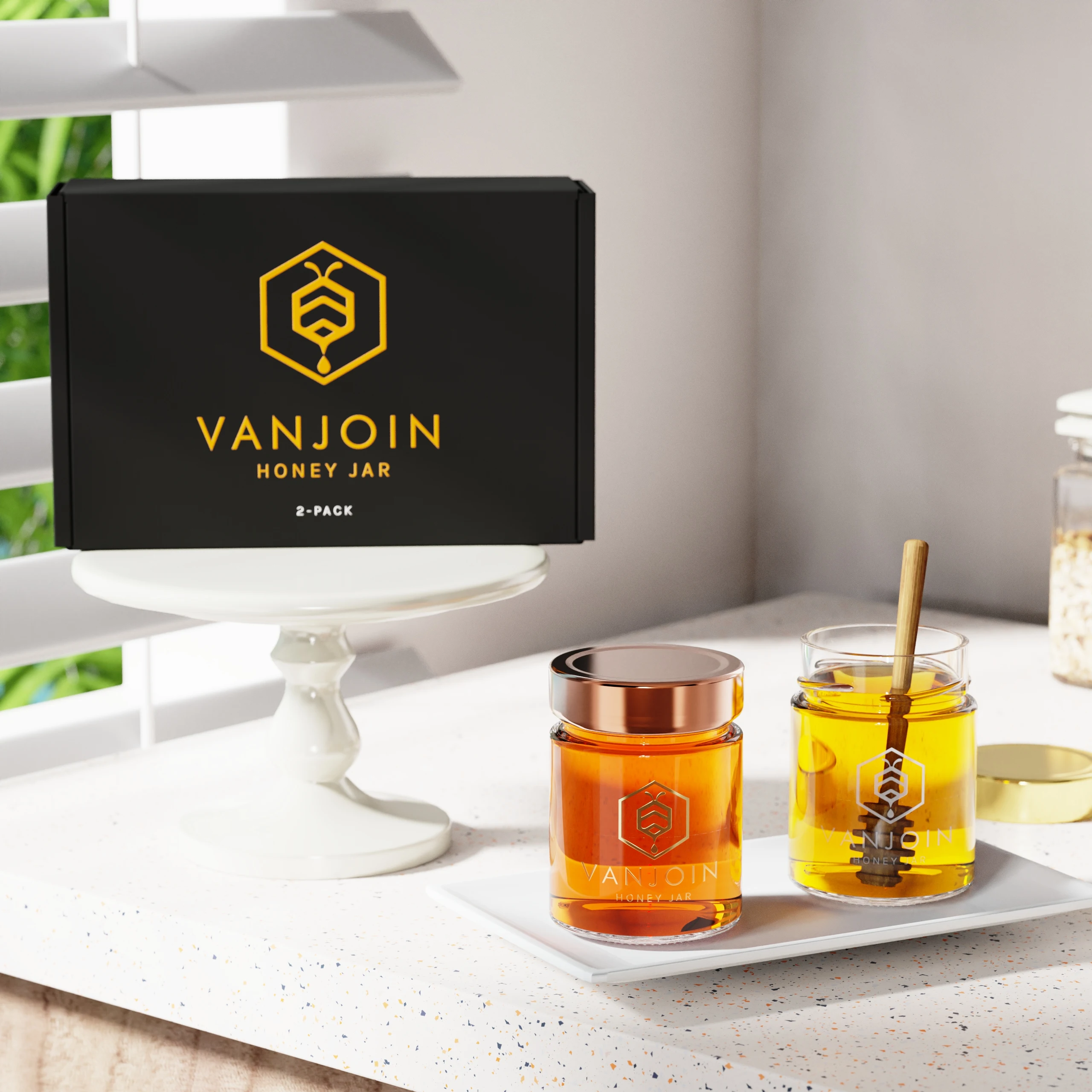 Unique Luxury 180ML Transparent Black Amber Glass Empty Round Honey Jars Bottles with Dipper and Packaging Box