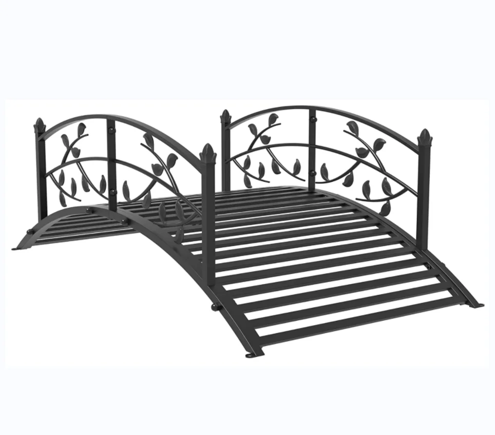 4 Ft Black Leaf Design Garden Metal Arch Bridge Backyard Iron Bridge Footbridge with Security Guardrail Backyard Decor