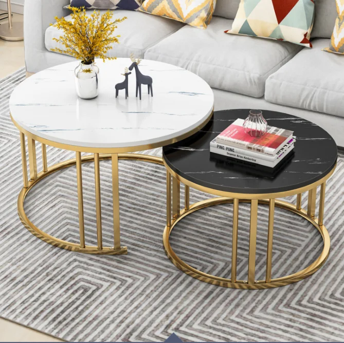 Living room furniture center stainless steel metal round nesting stone marble coffee table set luxury modern