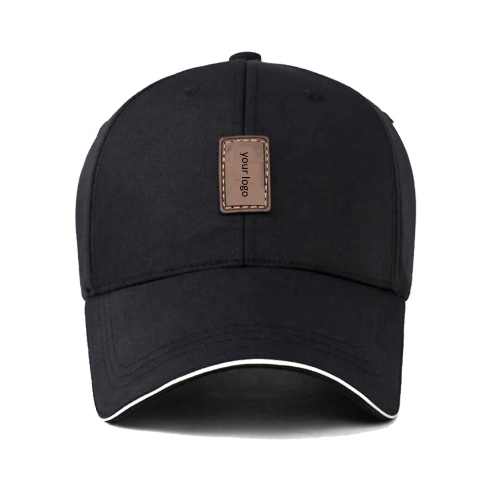 custom 58cm adjustable size black color cotton fabric classic sandwich brim baseball caps with quality leather patch logo