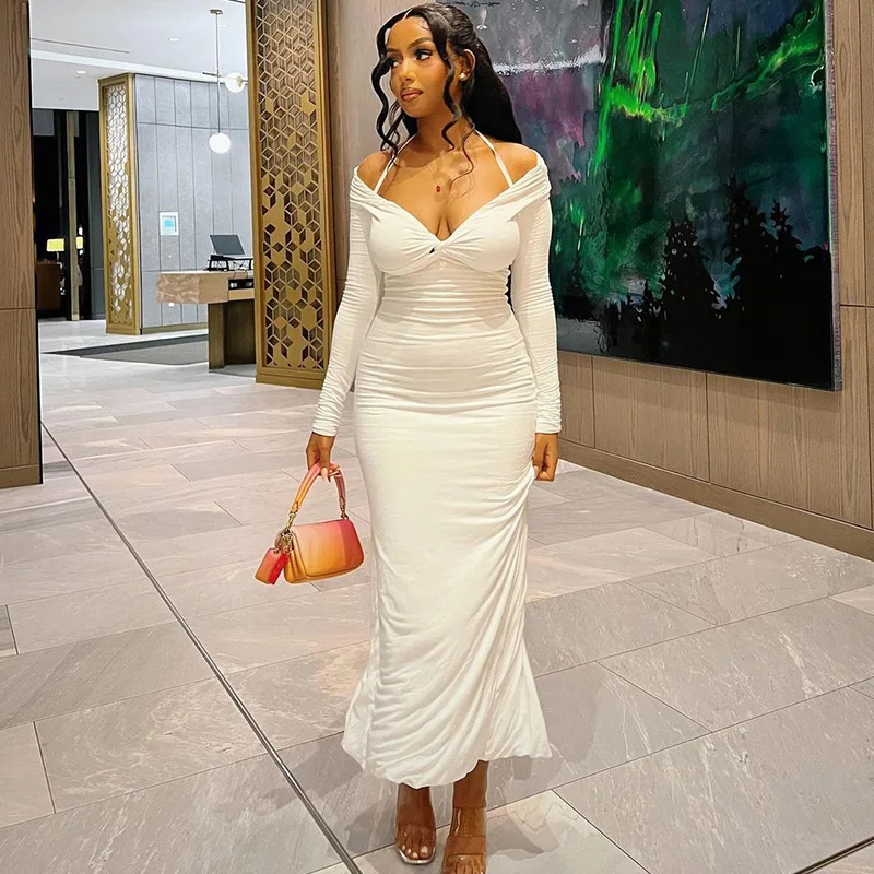 Fashionable Wedding Elegant Women Solid Color Bodycon One Shoulder Dress