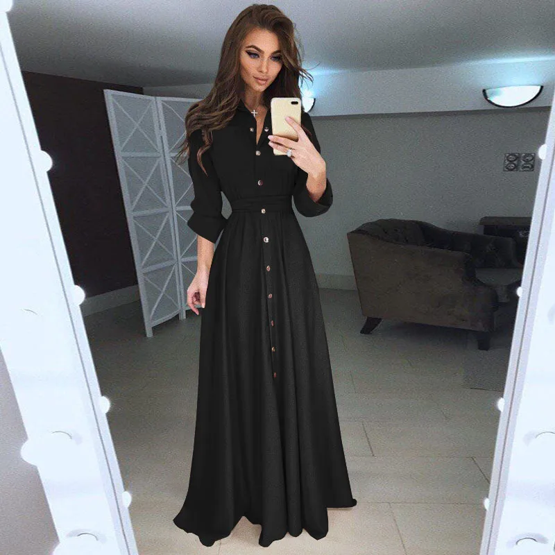 Wish Plus Size Women Slim Button Dress Shirt Long Sleeve Maxi Shirts Dress
