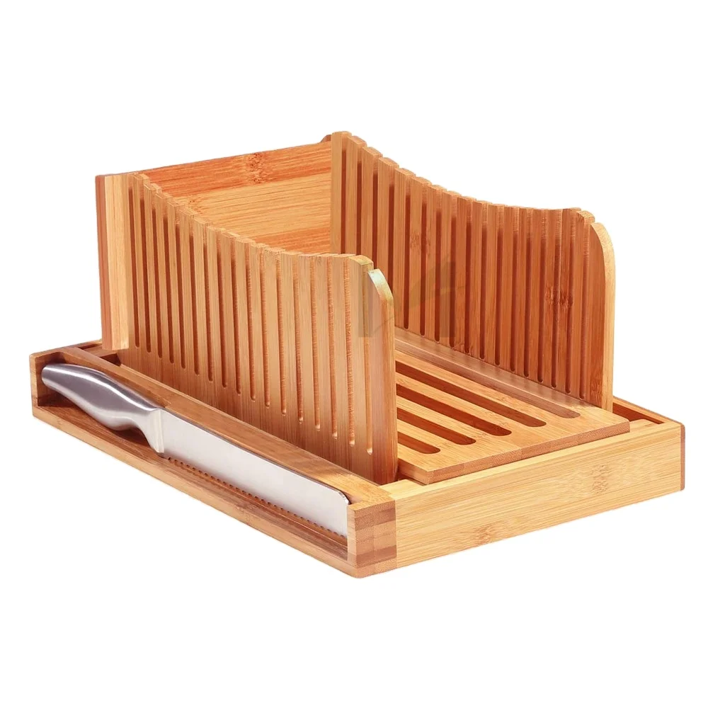 Amazon Top Seller Wholesale Premium Bamboo Bread Slicer with Knife and Crumb Catcher Tray