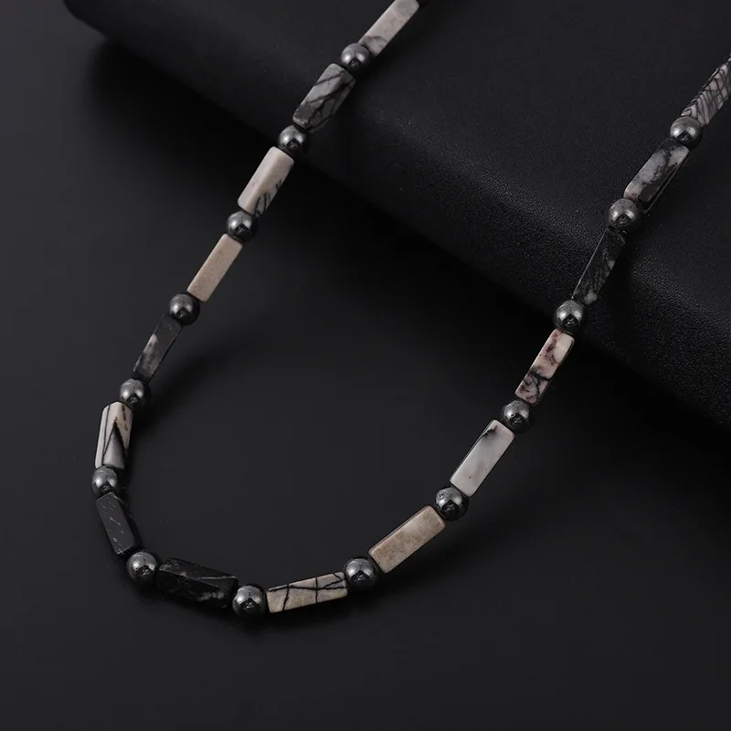 Woying Personalized Natural Stone Hematite Round Beaded Vintage Adjustable Choker Necklace For Men