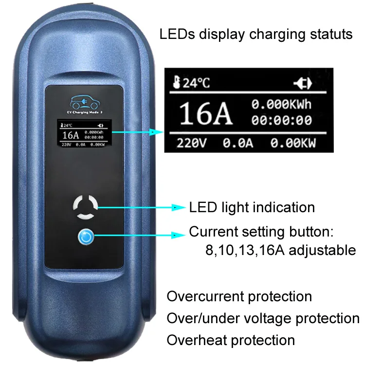 
6A To 16A Electric Vehicle Portable Charger Fast Ev Charging Station Ev Type 2 Plug 