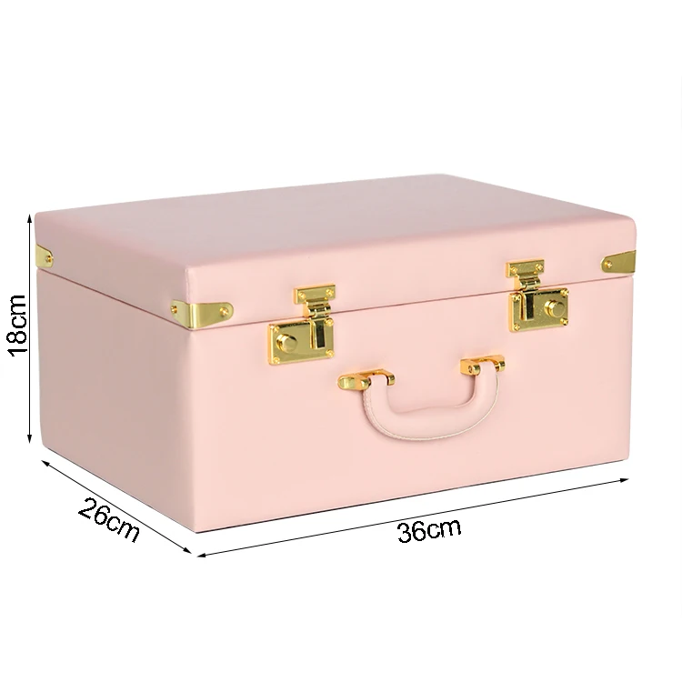 Pink vintage travel leather box  multifunctional pu leather cute box  with fabric storage insert