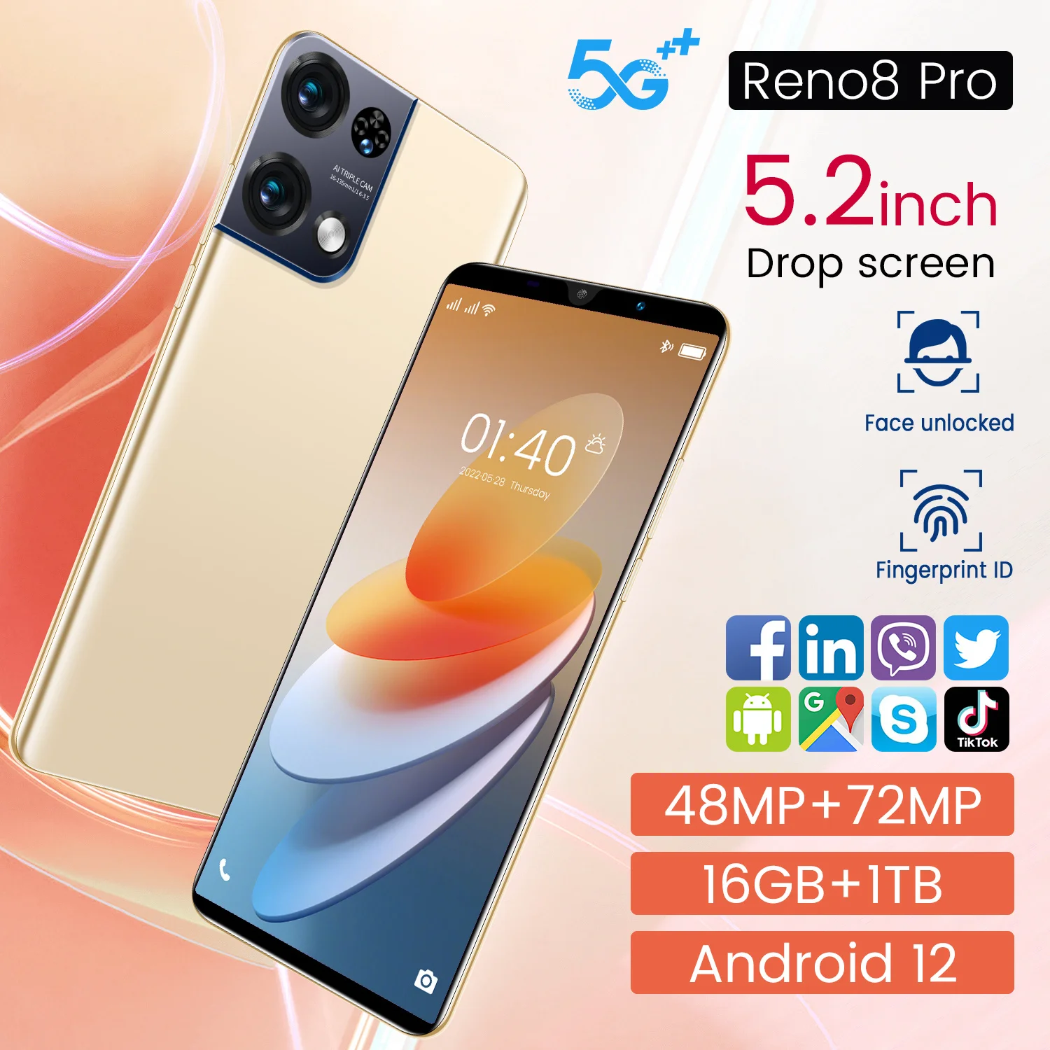 2023 New smartphone Reno8 Pro 5.2 inch 16GB+1TB dual sim Android12 48MP+72MP 5G smartphone mobile phone