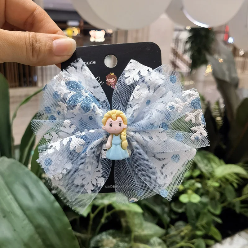Snowflake Party Diamond set hair clip Star mesh bow Little Princess pair clip blue fabric streamer lace print bow hair clip