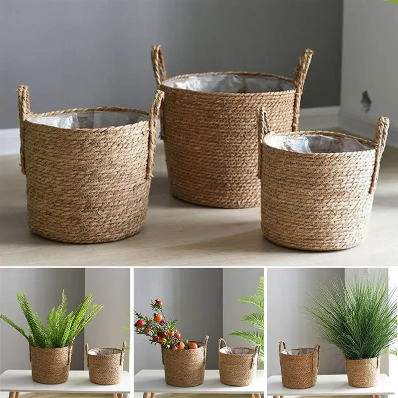 Natural Seagrass Planters Storage Basket with Plastic Liner Hand Woven Rattan Storage Baskets for Flower Pots