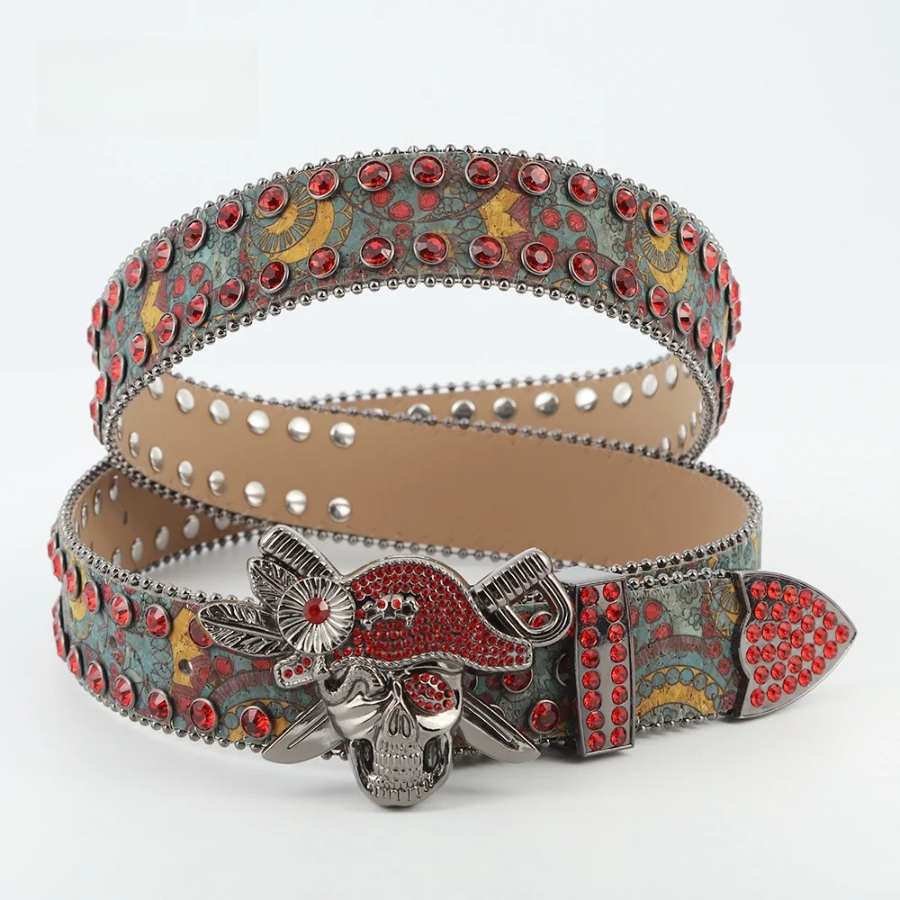 Wholesale Punk Style Skull Buckle Sparkly Rhinestone Bling Bling Cowgirl Belt Big Size BB Simon Diamond Studded Belt