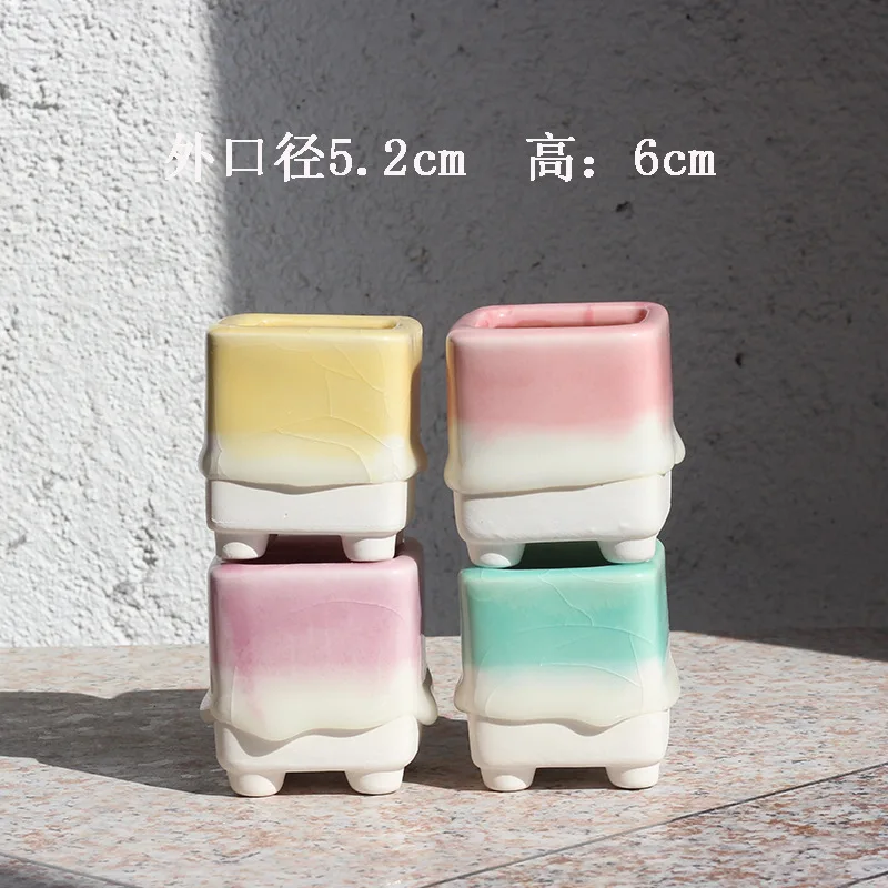 2024 Ceramic Ice Crack Flow Glaze Creative Square Small Flower Pot,lovely fleshy plant basin porcelain planter succulent flowerpot