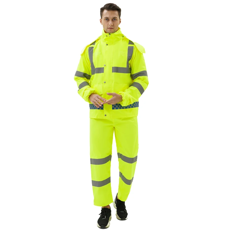 Wholesale Construction Worker Yellow Raincoat Waterproof FR Reflective PU with Oxford Cloth for Adults Industrial Work Camping
