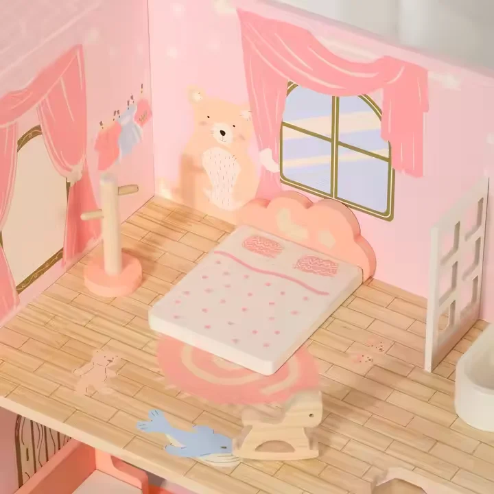 Hot selling Pretend Play Wooden Dolls House with Furniture Accessories Pink Style DIY Handmade Wooden Miniature Doll House