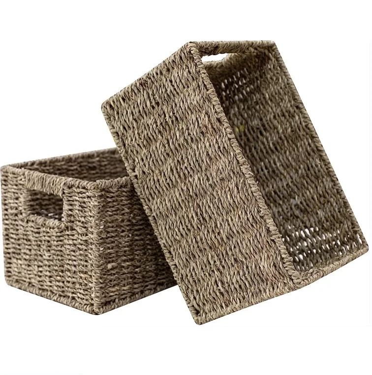 Huangtu Rectangular Wicker Basket Set of 2 Hand Woven Seagrass Basket Small Size with Built-in Handles for Storage