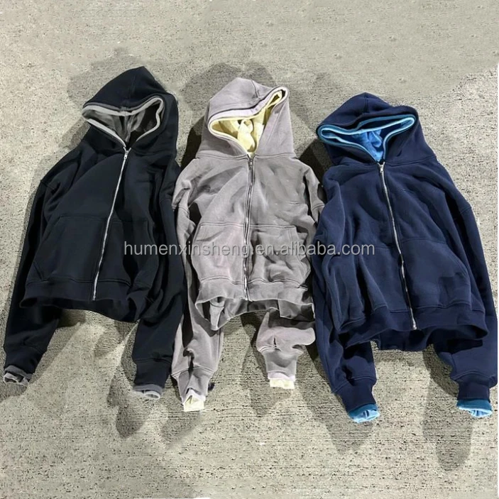 Clothing manufacturers blank oversized heavyweight cotton acid wash zipper three double layer hooded boxy cropped hoodie men