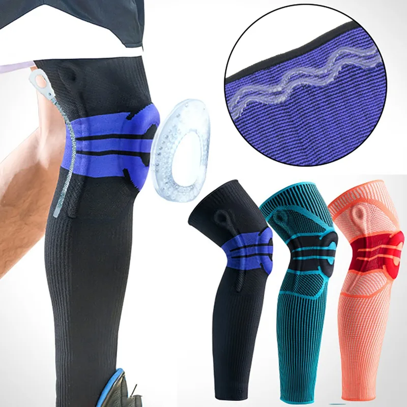 Elastic Silicon Padded Long Knee Pad Running Leg Sleeve Calf Knee Brace Support Protector for Fitness Volleyball Football Sport