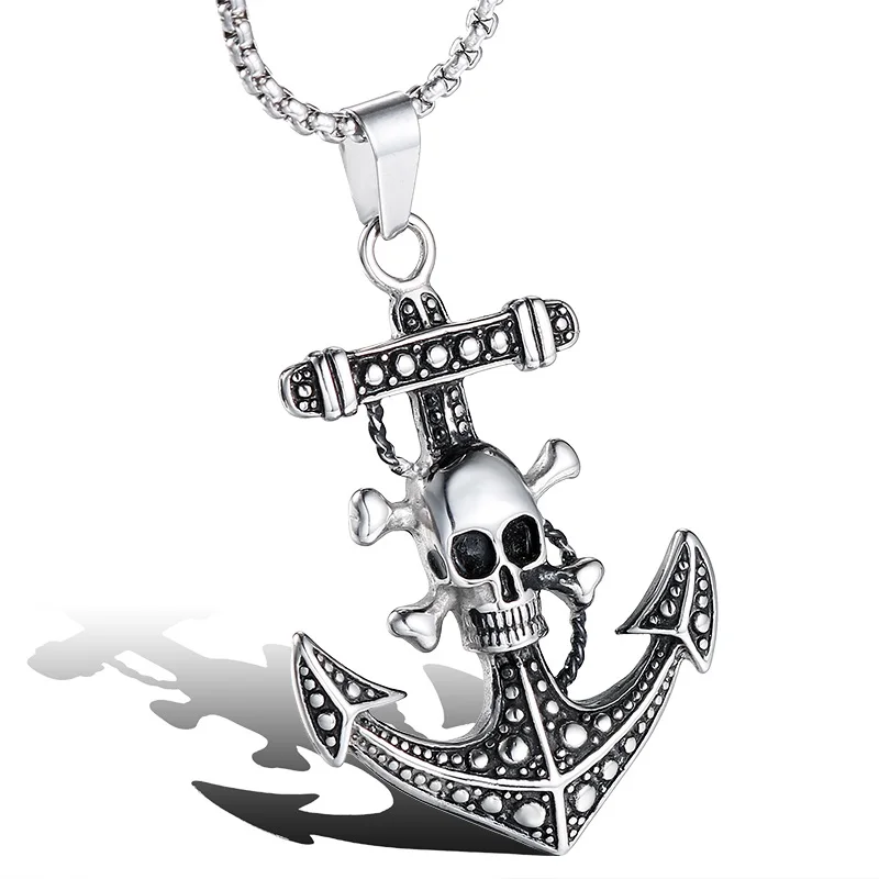 Punk Gothic Pirates of the Caribbean Black  Stainless Steel Cross Charm Skull  Anchor Pendant Necklace