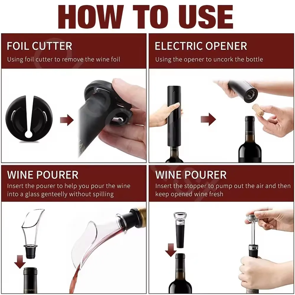 Custom Logo One Touch Battery Automatic Wine Corkscrew Bottle Opener Kit Electric Wine Opener Set