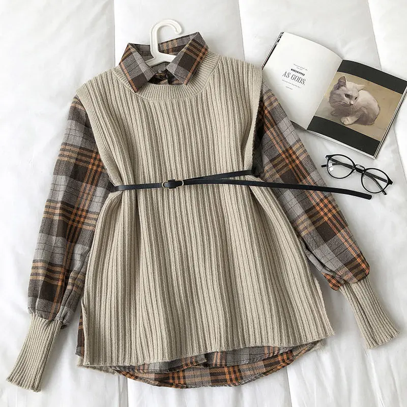 2022 Japan Korea autumn winter new fashion cotton shirt and vest 2 pieces set for women matching sets outfits