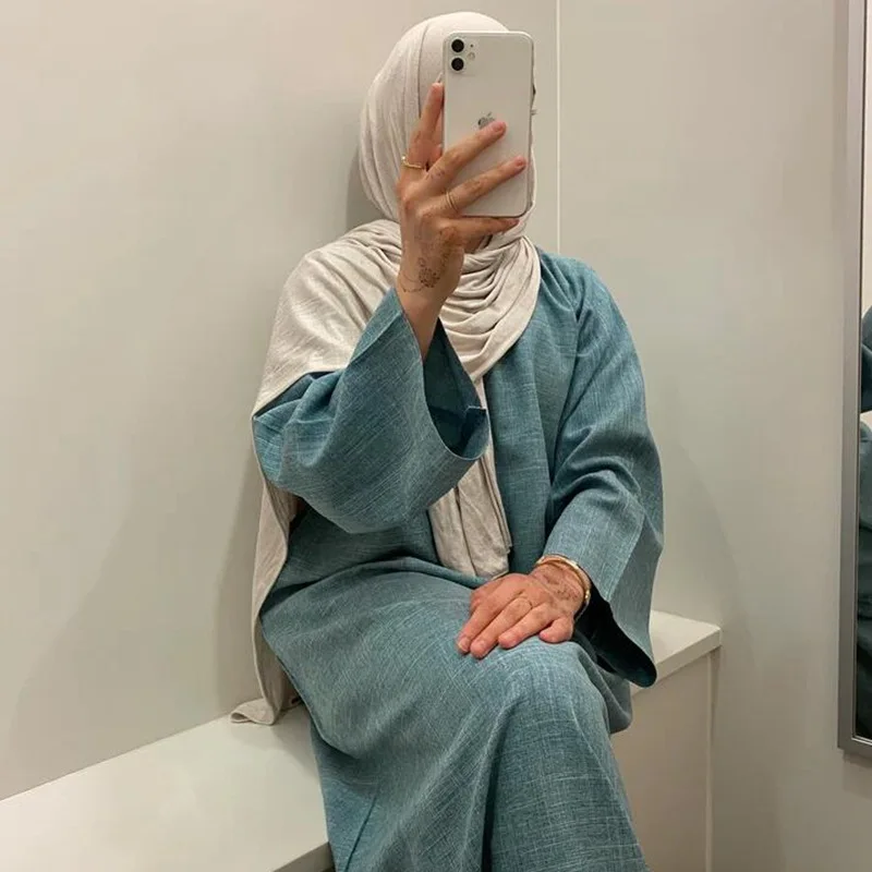 2023 The New Fabric Designs Plain Color Closed Linen Abaya Dress Muslim Linen Abaya Coat Kimono For Women Dress
