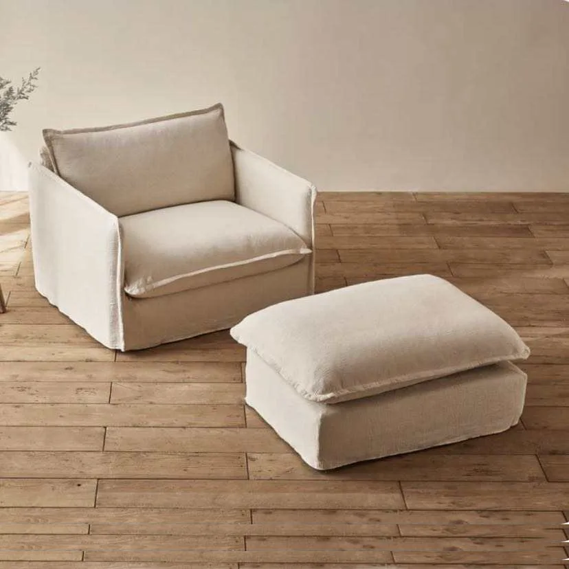 Luxury Cozy Single Sofa White Couch Square Beige linen sofa with ottoman set