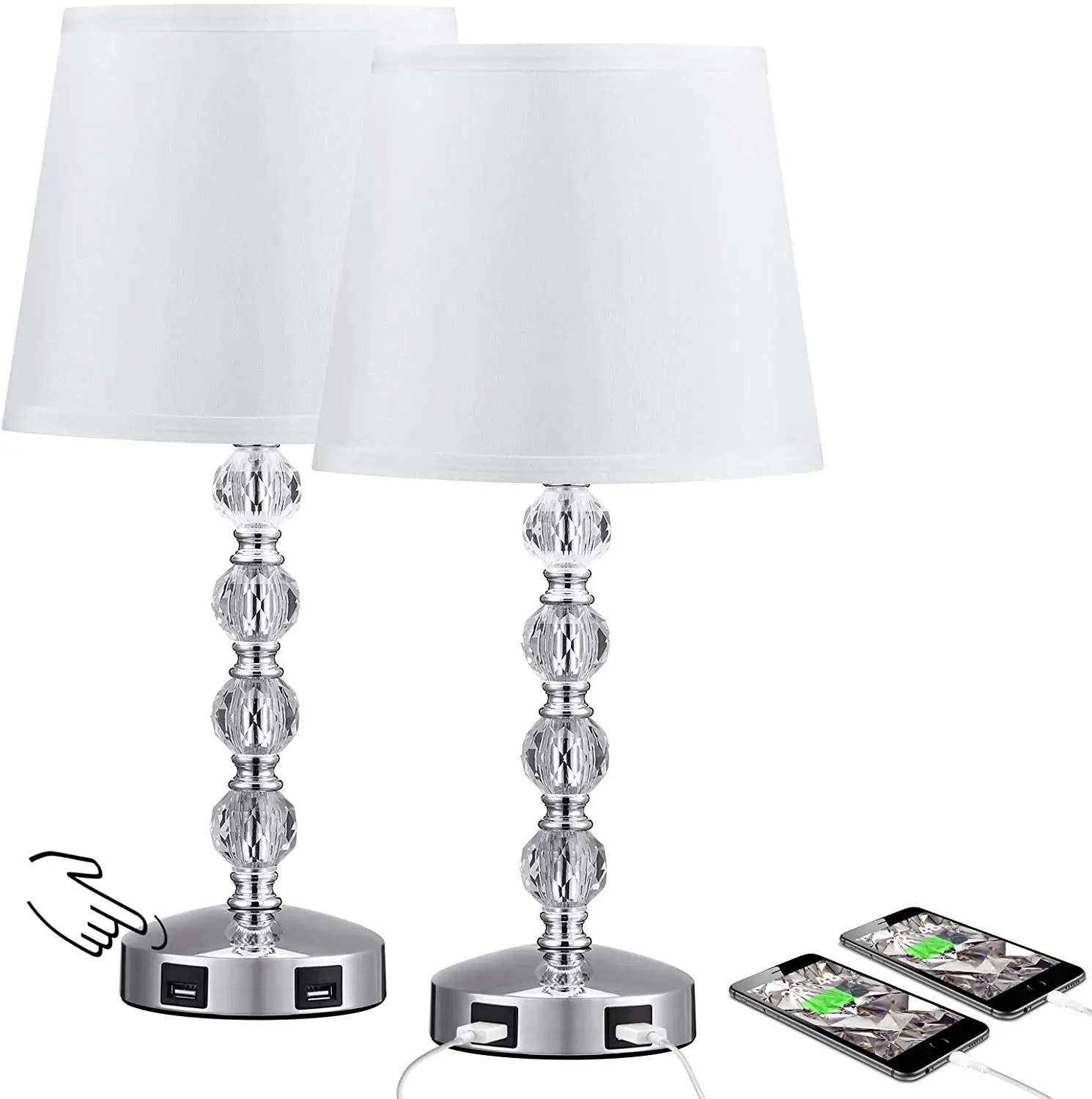 Luxury Crystal Nightstand Touch Control Desk Lamp with 2 USB Charging Port Bedside Table Light
