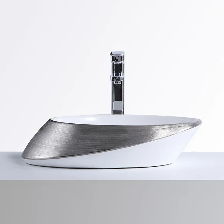 New Design Plated Silver Color Ceramic Countertop Art Hand Wash Basin Vessel Bathroom Sinks