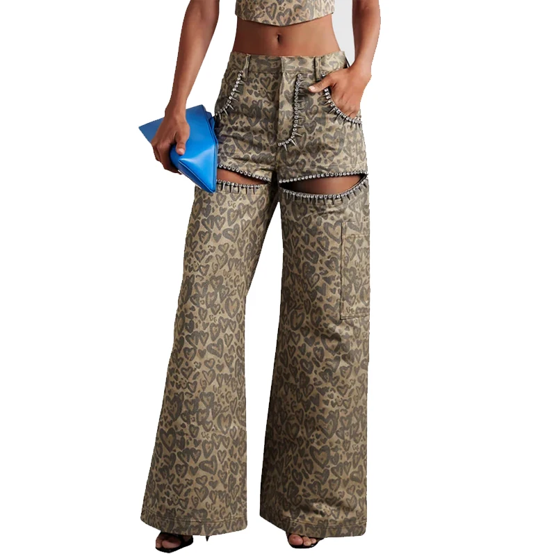 Leopard Rhinestone Embellished Colorblock Hollow Out Patchwork Diamonds Straight Wide Leg Denim High Wholesale Women Jeans