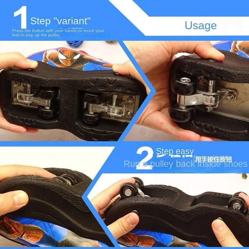 Portable Roller Skate Shoes for Kids Boys Girls Cartoon thick sole Sneakers Roller Shoes with 4 Wheels