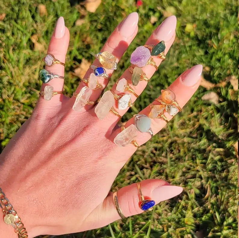 Minimalist irregular raw stone Healing crystal Wire Wrapped Amethyst carnelian gemstone ring