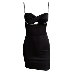 6540 Elegant night club dress Spaghetti Strap slip mini evening sequined party sexy hollow out black dress 2022 Summer Outfit