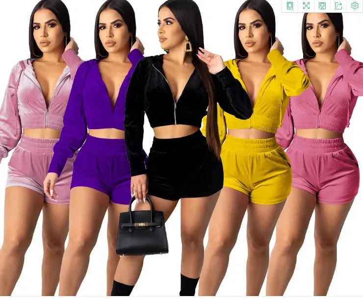 Two Piece Crop Tops Full Sleeve Shorts Sets  tracksuit Outfits Velvet Women 2020 New Style Zipper Jackets Hooded