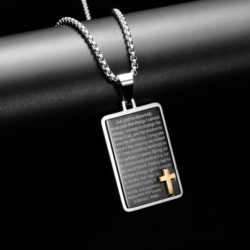 Bible Cross Prayer Religious Christian Waterproof Tarnish Free Stainless Steel Fashion Jewelry Pendant Necklaces for Men Male