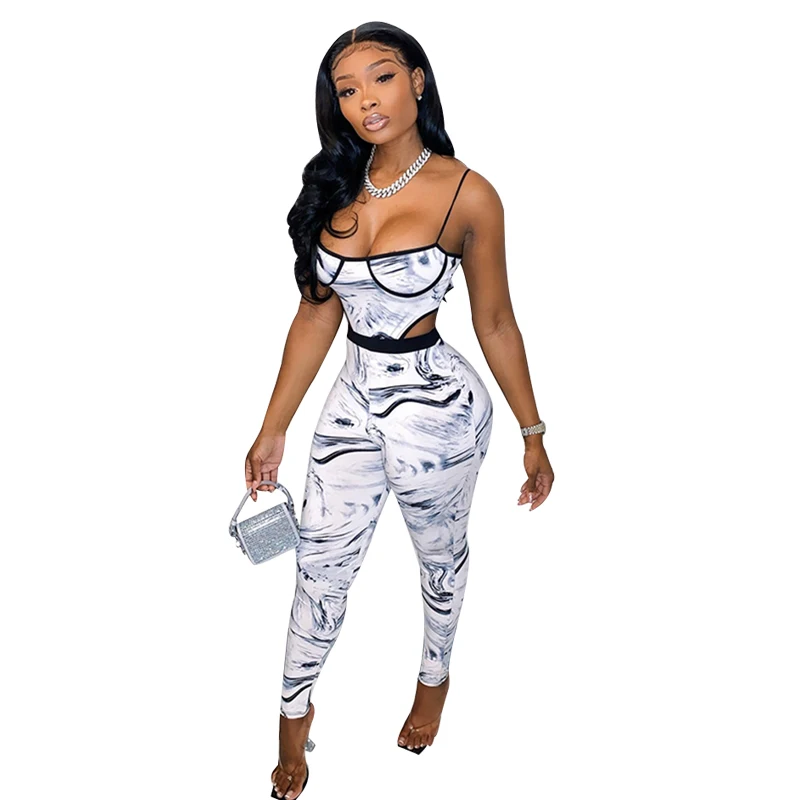 
Fashion Newest Tie-Dye Printing Sling Upper And Lower Connection Open hollow out Waist Sling Jumpsuit 
