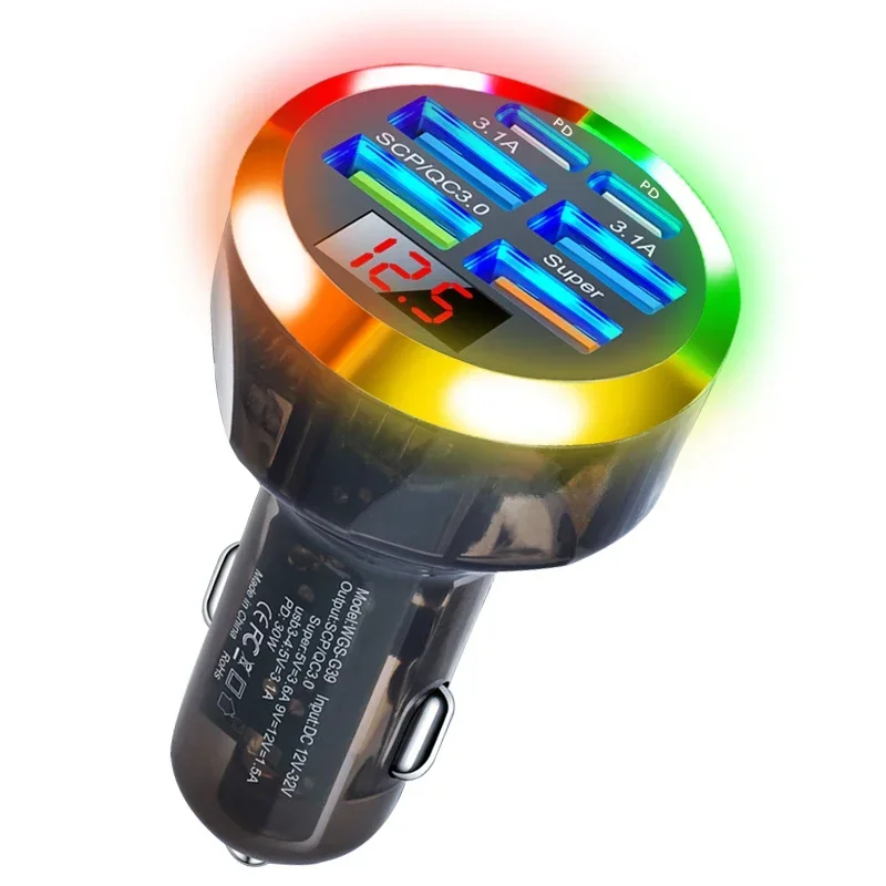 6 in 1 Super Fast Charge with Voltage Display Colorful Light for iPhone Samsung Transparent USB C Car Phone Charger
