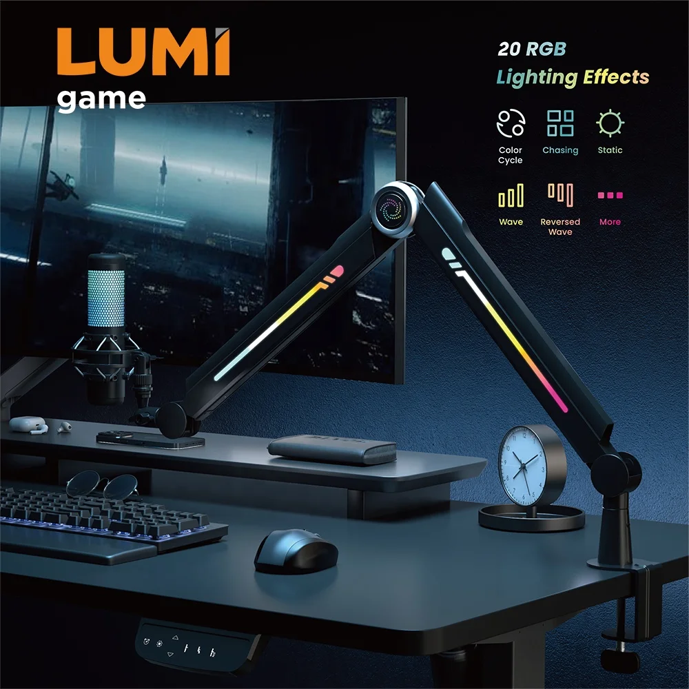 MDS17-2L Premium RGB Adjustable Gaming Mic Microphone Scissor Arm Studio Podcasting Boom Arm Stand Holder with RGB Lighting