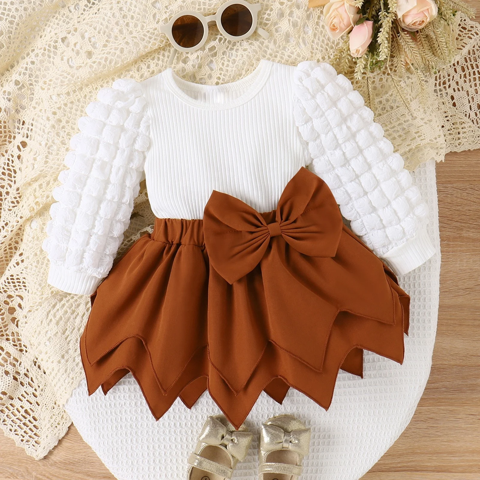 2023 Autumn Winter Infant Girl Clothing Set Bubble Sleeve Pit Strip Top Solid Color Bow Irregular Skirt 2Pcs Baby Fall Clothes