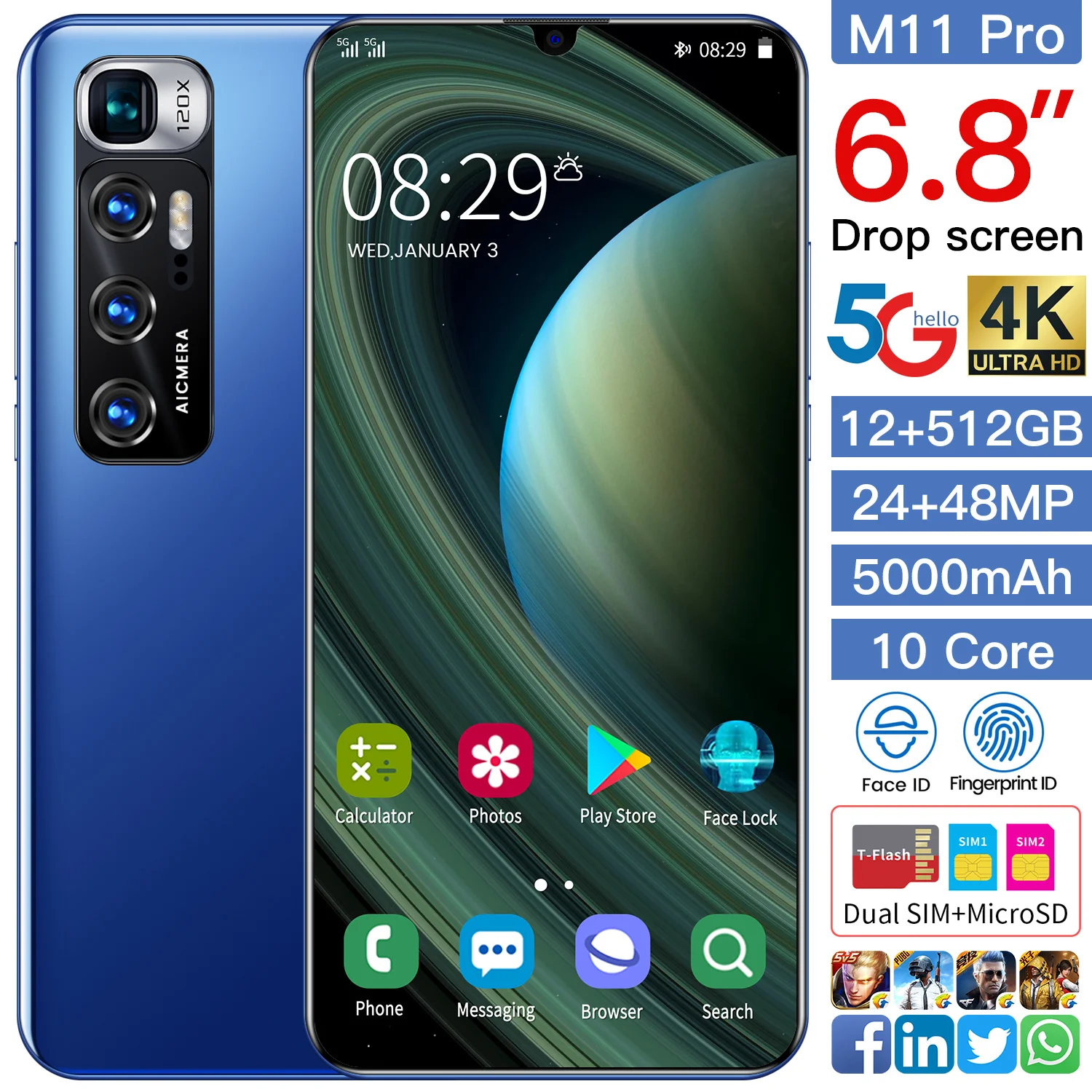  Разблокированный смартфон M11 Pro с функцией распознавания лица и двумя SIM-картами Android 2021 12 Гб + 10 0 ГБ 512 дюйма новинка 6